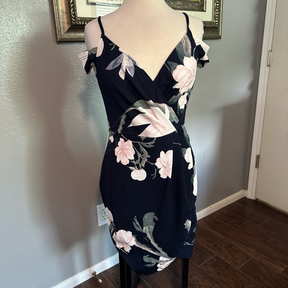 AX Paris Navy Floral Cold-Shoulder Mini Dress with Blush Flowers